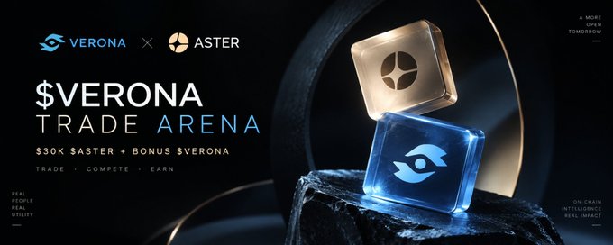 A promotional banner for '$VERONA TRADE ARENA' featuring a collaboration between VERONA and ASTER, advertising '$30K $ASTER + BONUS $VERONA' with glowing blue and gold cube logos and the tagline 'A MORE OPEN TOMORROW'.