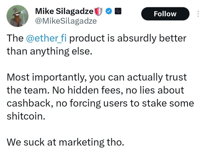 A tweet from Mike Silagadze (@MikeSilagadze) praising the @ether_fi product, stating 'The @ether_fi product is absurdly better than anything else' and noting trust in the team with no hidden fees.