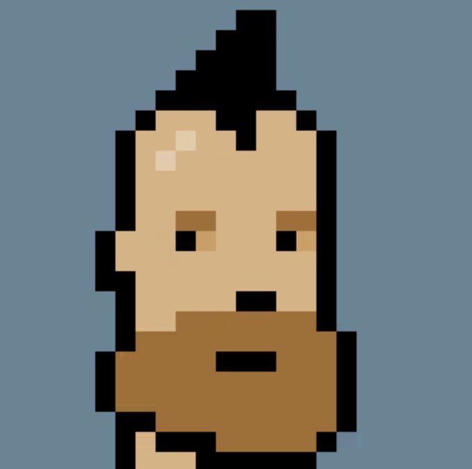 Pixel art portrait of a character with dark hair, a beard, and a neutral expression against a gray background, rendered in a blocky retro video game style.