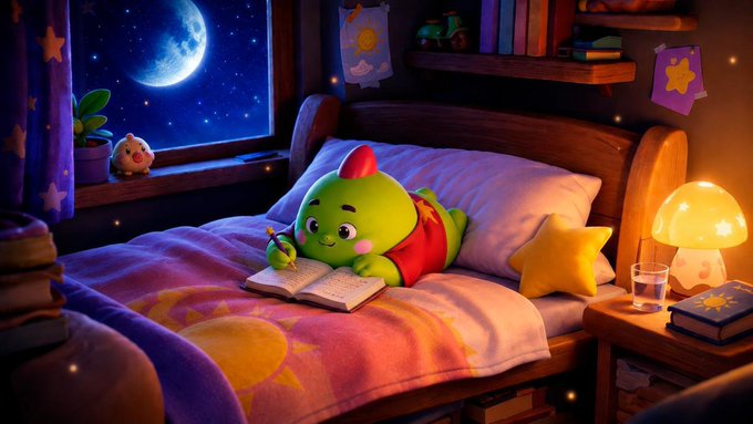A cute green cartoon character in a red outfit lies on a cozy bed writing in a notebook under warm lamp light, with a starry night sky and full moon visible through the window.
