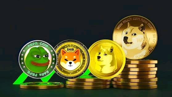 Promotional image displaying physical commemorative coins for PEPE, SHIB, and DOGE meme cryptocurrencies stacked on a dark surface.