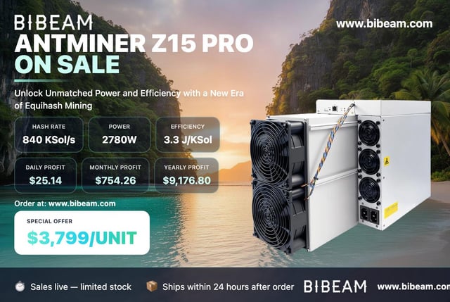 The image features a white Antminer Z15 Pro computer with two fans, one of which has a blue cord attached to it. The background shows a beach scene with palm trees and water. Below the main image, there are descriptions of the Antminer Z15 Pro in black text on a white background. In the bottom right corner, there is an order form for the computer along with shipping details.