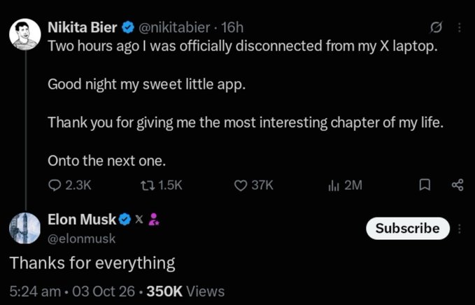 A screenshot of a tweet from Nikita Bier announcing his disconnection from his X laptop, thanking the platform, with Elon Musk's reply "Thanks for everything" visible below.
