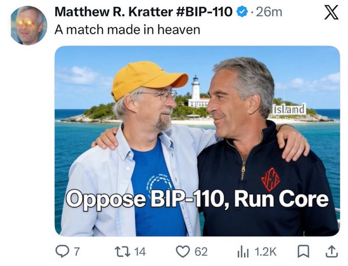 A tweet from Matthew R. Kratter #BIP-110 captioned 'A match made in heaven', showing two men embracing on a beach with the text 'Oppose BIP-110, Run Core' overlaid on the image.