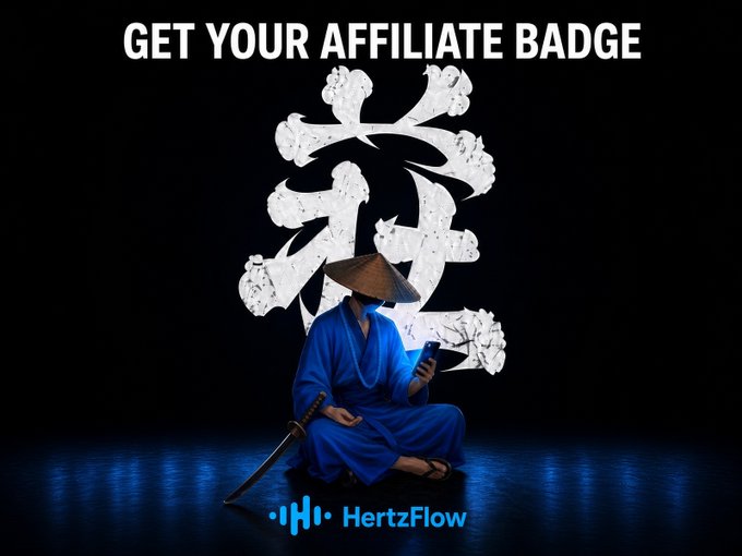 A black promotional graphic reads “GET YOUR AFFILIATE BADGE” above a seated samurai-like figure in blue, a large distressed white kanji, and the blue “HertzFlow” logo at the bottom.