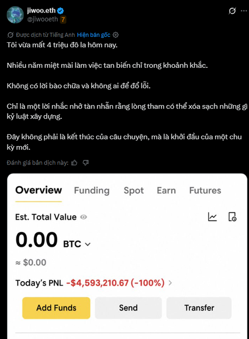 The image is an interactive Twitter chat with a person sharing their experience about losing 4 million dollars. The image focuses on the Twitter user's account, which has attracted many people interested in the story of this financial loss. Several messages are being shared online related to the post and the topic of investment funds.