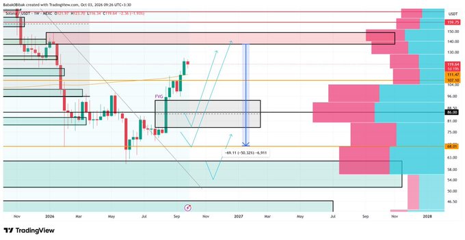 A TradingView chart displays Solana (SOL/USDT) on a weekly timeframe, showing price action with a forecast drop of approximately 69.11% to around $50.20 from highs near $295.28, aligning with the post's prediction that Solana will likely correct to around $70-80 following Bitcoin's recent correction.