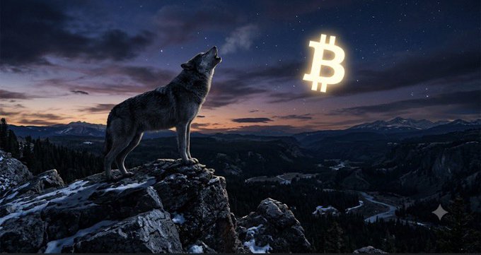 A wolf howling on a snowy mountain peak at twilight, with a glowing Bitcoin '₿' symbol floating in the starry night sky.