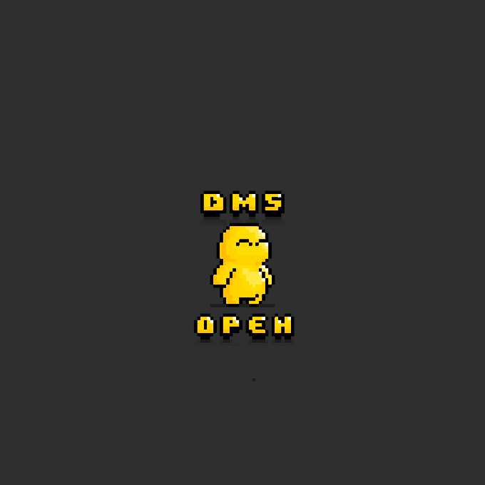 The image features a small yellow cartoon character, possibly a goldfish or a frog, standing against a black background with the text "DM'S Open" written above it. Below this, there's a smaller version of the same text, but in white letters. The overall layout and design suggest that the post is promoting an event or collaboration related to game development or digital art.