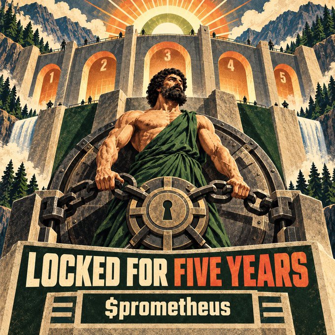 A stylized poster depicting a muscular bearded man breaking chains, with text reading 'LOCKED FOR FIVE YEARS' and '$prometheus' below a backdrop of five archways.