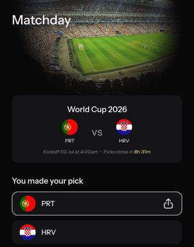 Mobile sports betting app screen showing a 'Matchday' World Cup 2026 game between Portugal (PRT) and Croatia (HRV), kicking off July 3 at 4:00am with the user's pick on Portugal.