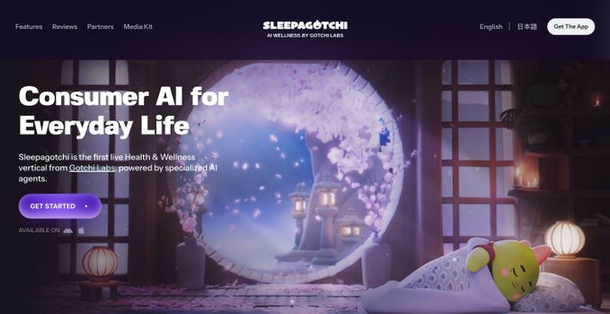 Website screenshot for Sleepagotchi by Gotchi Labs, a 'Consumer AI for Everyday Life' Health & Wellness app, featuring a serene Japanese-style room with cherry blossoms and a green plush character.