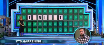 A 'Wheel of Fortune' style game show display spelling 'TNITY' with the caption 'IT'S HAPPENING...' and a man's face in a circular inset.