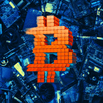 A pixelated Bitcoin logo constructed from orange blocks rises above a backdrop of computer hardware and circuit boards, visually reinforcing the post's theme of crypto mining infrastructure shifting toward AI applications, with companies like IREN and CIFR pivoting away from BTC mining operations.