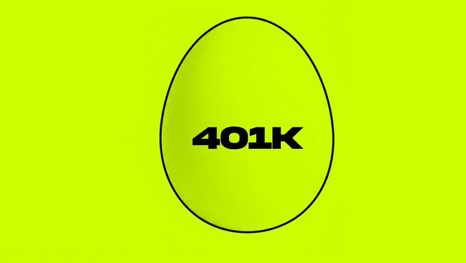 The image shows a black-outlined egg on a bright green-yellow background, with the text "401K" in bold black letters inside the egg. The image visually represents the post's "don't put all your eggs in one basket" message, symbolizing how the $401K meme ticker bundles four stocks into a single holding.