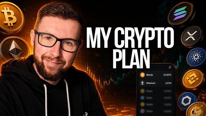 A YouTube thumbnail showing a bearded man with glasses alongside the text 'MY CRYPTO PLAN', surrounded by cryptocurrency logos including Bitcoin, Ethereum, Solana, XRP, BNB, Dogecoin, and a portfolio display showing 0.5 BTC and 2 ETH.