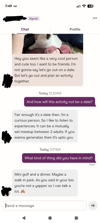 The image shows a cell phone screen displaying text messages from two people, likely friends or acquaintances. The messages are written in purple text against a white background. One of the messages reads "Hog you seem very excited about this person who is not going to be your date". Another message states that they will go on a date and it's happening today at 3:23 am. The third message includes a photo of a cat, possibly indicating a recent event or conversation related to cats.