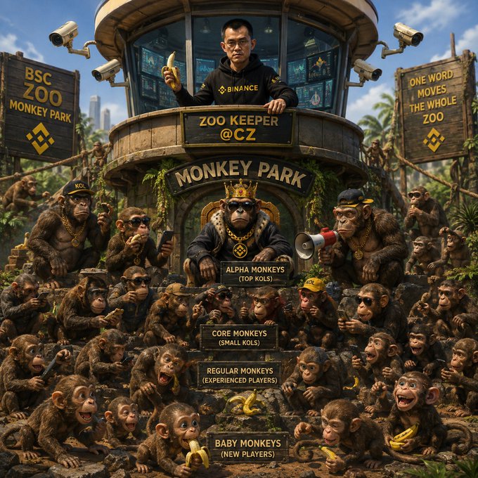 A creative illustration of 'BSC ZOO MONKEY PARK' featuring a 'ZOO KEEPER @CZ' (referencing Binance's Changpeng Zhao) atop a tiered structure of monkeys labeled from 'ALPHA MONKEYS (TOP KOLS)' down to 'BABY MONKEYS (NEW PLAYERS)'.