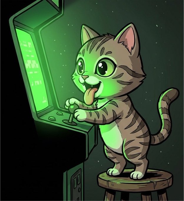 A cartoon tabby cat with an oversized tongue stands on a stool, joyfully playing a glowing green arcade machine, evoking the playful spirit of internet-famous Lil BUB as referenced in the $BUB token post.
