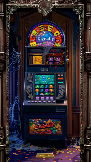 A digital slot machine themed around Spider-Man, featuring a 'Digitally Deluded' logo and a 'MAGAZINE' button at the bottom.