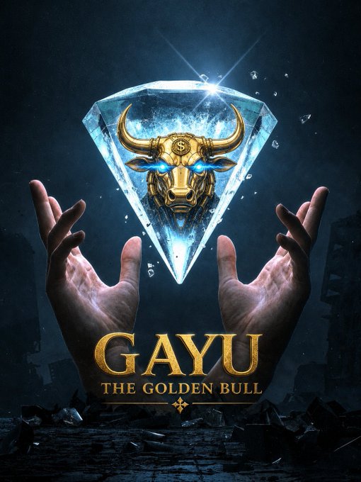 A glowing golden bull emblem encased in a diamond crystal is held aloft by two hands, with the title "GAYU THE GOLDEN BULL" displayed below—symbolizing strength and resilience through market turbulence, aligning with the post's message about holding through FUD to reveal opportunity.