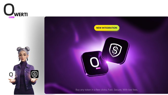 The image features a woman holding two purple squares with white text that says "O" on them. The background of the image is purple, and there are other purple squares with white text below her. The text above her reads "new integration", while the text below her says "buy any token in fast, easy clicks, secure, with fees." This suggests that she might be promoting a new integration or token exchange platform, possibly related to cryptocurrency.