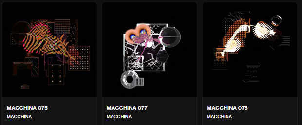 Three dark-themed digital design thumbnails are labeled 'MACCHINA 075', 'MACCHINA 077', and 'MACCHINA 076', each featuring intricate abstract graphics on a black background.