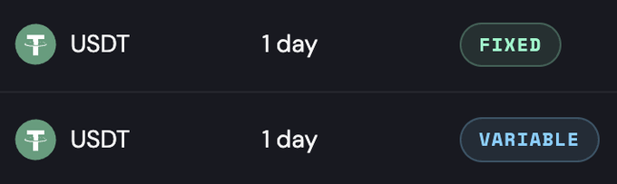 A digital interface displays two USDT 1-day options labeled 'FIXED' and 'VARIABLE' in green and blue buttons.