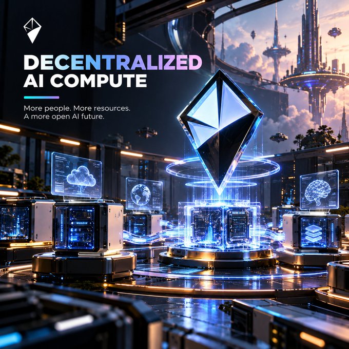 A promotional graphic reading "DECENTRALIZED AI COMPUTE — More people. More resources. A more open AI future." featuring the Ethereum logo above futuristic server racks and holographic screens.