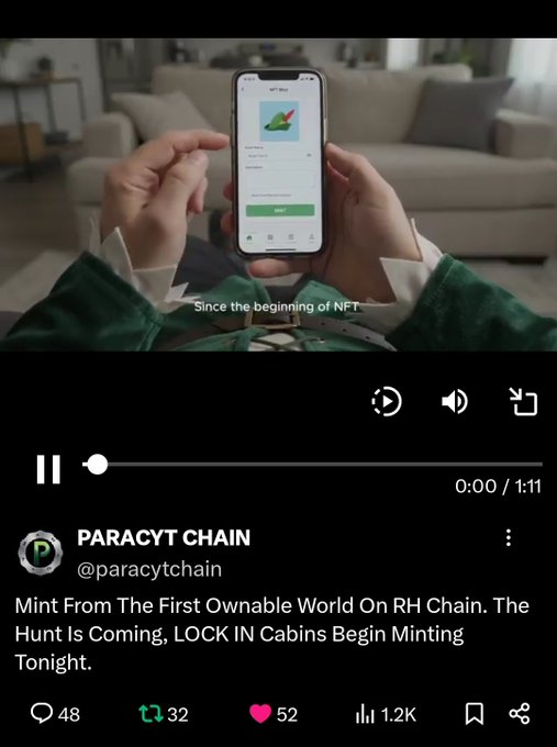 A screenshot of a Twitter/X video post from @paracytchain showing a person holding a phone displaying an NFT mint interface, with the tweet reading 'Mint From The First Ownable World On RH Chain. The Hunt Is Coming, LOCK IN Cabins Begin Minting Tonight.'