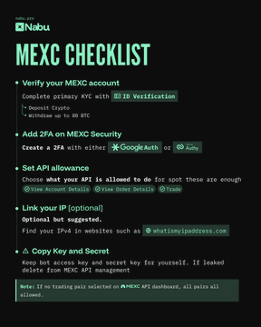 The image shows a screenshot of a document titled "MEXC Checklist", which appears to be a guide or instructions for using an external API, such as the MEXC API provided by Nabu. The text in the image suggests that there are multiple APIs available on the Nabu platform and provides step-by-step guidance on how to use them effectively.