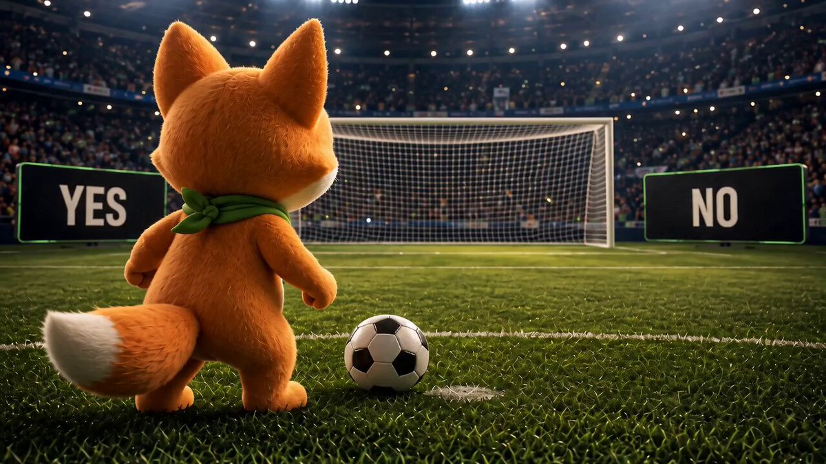 The image features a small brown fox standing on a soccer field, with two large white goal posts behind him. The fox appears to be looking towards the goals, possibly contemplating whether or not to answer a question posed by someone else. In the background, there are several people present, likely watching the game and participating in the post's discussion.