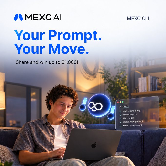 A young man sits on a couch smiling at his laptop, with an AI assistant overlay showing MEXC CLI features like market data queries, account queries, place order, wealth management, and event management, promoting the MEXC AI "Your Prompt. Your Move." challenge offering rewards up to $1,000.