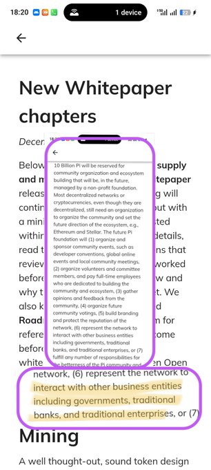 A mobile screenshot shows the title "New Whitepaper chapters" with an excerpt from Pi Network's whitepaper, specifically highlighting the phrase "interact with other business entities including governments, traditional banks, and traditional enterprises," reinforcing the post's message about Pi Network's vision of bridging cryptocurrency with traditional financial institutions.