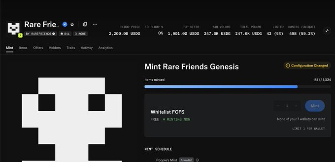 A webpage screenshot showing a minting interface for a digital collectible called 'Rare Frie...', with stats like '2,200.00 US$', '841/1,024' items minted, and a pixel art character.