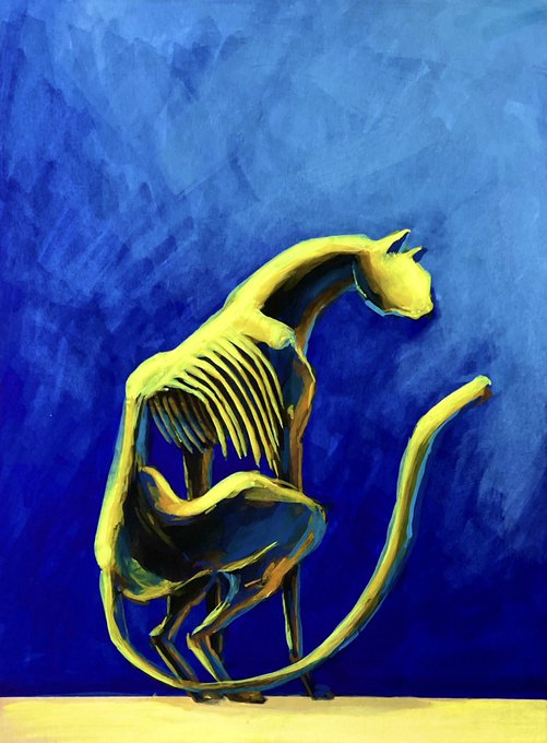 A digital painting of a yellow skeletal creature with long limbs and a tail, set against a deep blue background with visible brush strokes.
