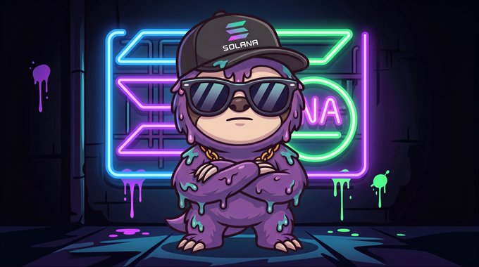 A digital illustration features a purple, furry character wearing a 'SOLANA' cap and sunglasses, standing in front of a neon Solana logo with paint splatters.