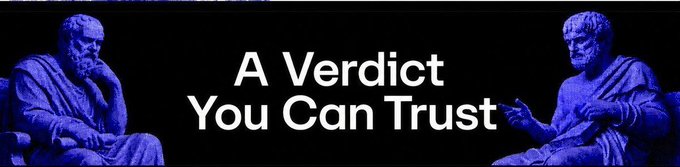 A banner with two blue classical philosopher statues on either side frames the bold white text "A Verdict You Can Trust" against a black background, visually reinforcing the post's message about GenLayer's approach of using multiple independent AI validators to deliver reliable, trustworthy decisions rather than relying on a single model.