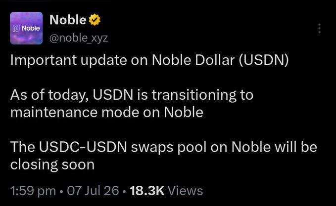 A screenshot of a tweet from Noble (@noble_xyz) announcing that USDN is transitioning to maintenance mode on Noble, with the USDC-USDN swaps pool closing soon. The post highlights how this sudden shift with no advance notice signals the ongoing unraveling of the Cosmos ecosystem.