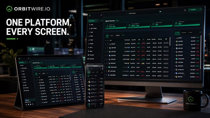 A promotional graphic for Orbitwire.io displaying 'One Platform. Every Screen.' with the trading dashboard shown on a monitor, tablet, and smartphone.