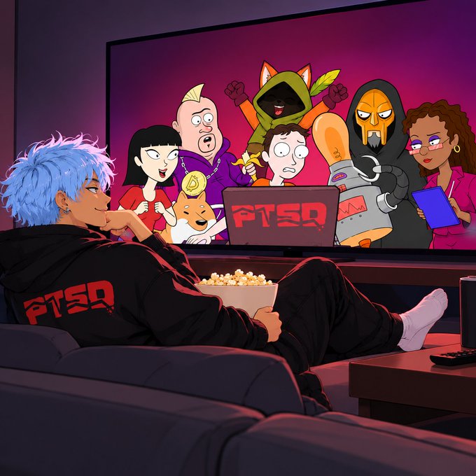 Anime-style illustration of a person with blue hair wearing black "PTSD" branded clothing, sitting on a couch eating popcorn while watching various cartoon characters on a TV screen that also displays "PTSD".