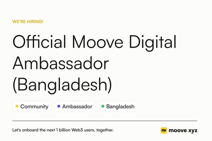 A job posting for 'Official Moove Digital Ambassador (Bangladesh)' with tags for Community, Ambassador, and Bangladesh, with the tagline 'Let's onboard the next 1 billion Web3 users, together.'