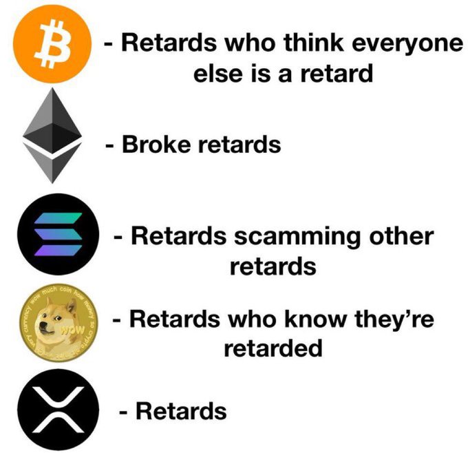 A cryptocurrency meme categorizing coins with offensive labels: Bitcoin for those who think everyone else is a 'retard', Ethereum for 'broke retards', Solana for 'retards scamming other retards', Dogecoin for those who know they're 'retarded', and XRP simply for 'retards'.