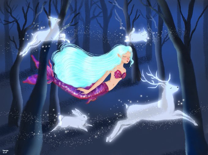 A digital fantasy illustration depicting a mermaid with flowing teal hair and a pink/magenta tail swimming through a dark blue forest, accompanied by glowing white spirit animals including a deer, rabbit, wolf, and fox.