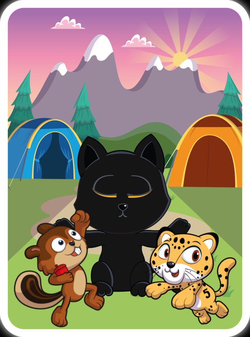 A cartoon illustration featuring a black cat character with yellow eyes sitting in the center between a brown squirrel and a spotted cheetah cub, with tents and snow-capped mountains in the background.