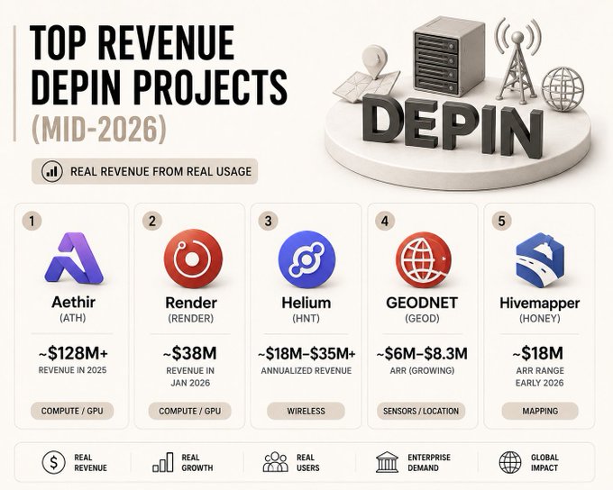 The image shows the title "Top Revenue DE pin Projects (mid-2026)" with an infographic that displays five different project statistics for DEpin projects, such as real revenue generated by the projects or which company has won a large amount of revenue from DEpin projects and other related businesses. The infographic also includes images to help explain the data and highlights some of the biggest winners in terms of revenue generation.