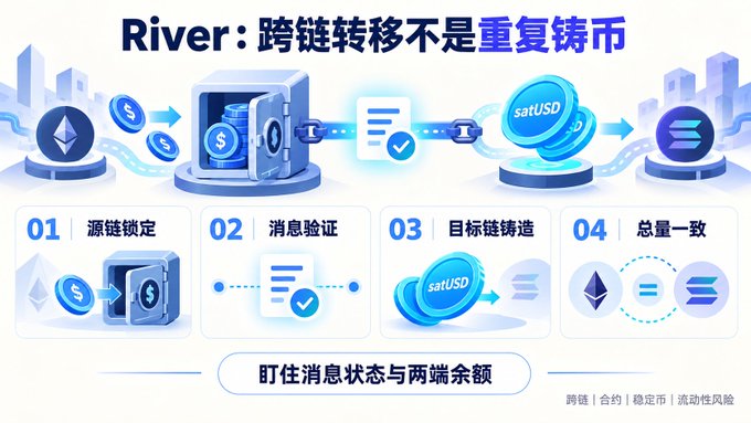 A graphic explaining River's cross-chain transfer process in Chinese, titled "River: 跨链转移不是重复铸币," detailing four steps from locking the source chain to verifying total consistency.