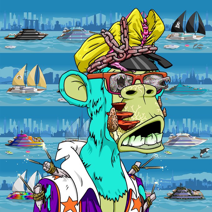 A vibrant cartoon illustration of a Bored Ape Yacht Club-style monkey wearing a captain's hat, chains, and sunglasses, set against a tiled background of various yachts and a city skyline.