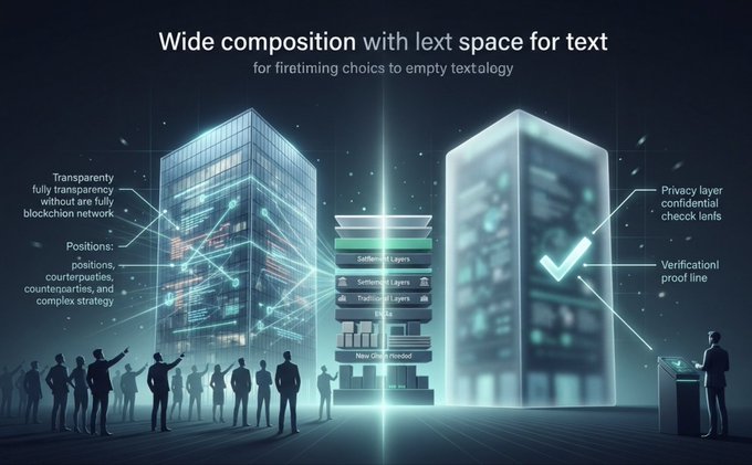A wide-format technology presentation slide titled 'Wide composition with text space' showing a blockchain-themed infographic with servers, a crowd of people, and labels including 'Privacy layer,' 'Transparency,' and 'Positions.'