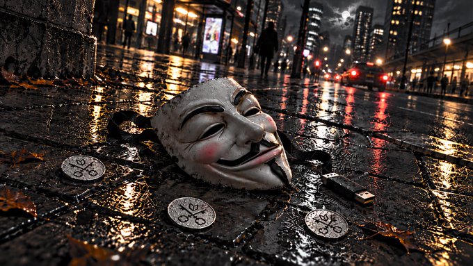 A Guy Fawkes (Anonymous) mask lies on a rain-soaked city sidewalk at night, surrounded by scattered coins and a USB drive, with illuminated storefronts and a full moon in the background.